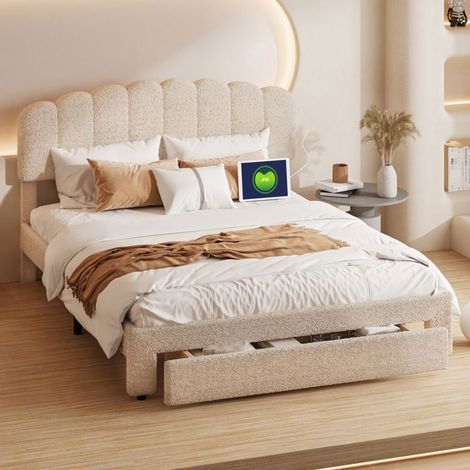 Cama 140x200 cm - 231205TT - Contemporáneo - Terciopelo - Cabecera con puertos USB/Type-C (1/5)