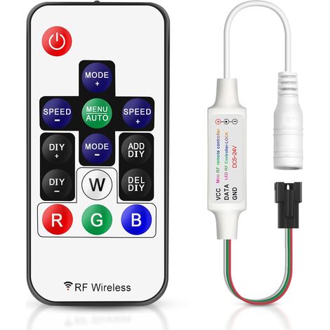 RGB-LED-Controller und Funkfernbedienung – 14 Tasten – DC 5–24 V – 2048 Pixel – Für WS2811/WS2812B-Streifen – Kompaktes Schwarz (1/5)