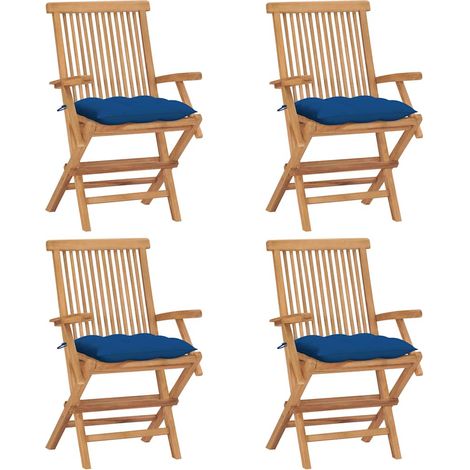vidaXL Sillas plegables con cojines azules, 4 unidades, madera maciza de teca. (1/4)