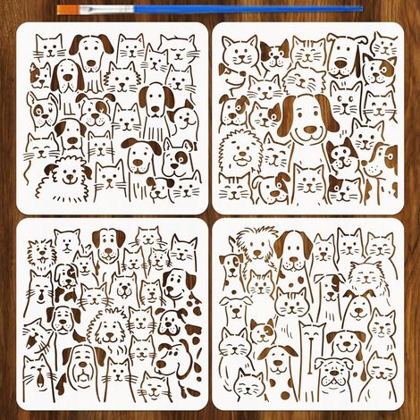 4 Pièces Pochoirs Groupe Chat et Chien avec un Pinceau 30x30cm 4 Styles Pochoirs Peinture Chat Cartoon Pochoir Chien Mignon Gabarit Thèmes Animaux PET pour Bois Mur Sol Tissu Meuble DIY (1/5)