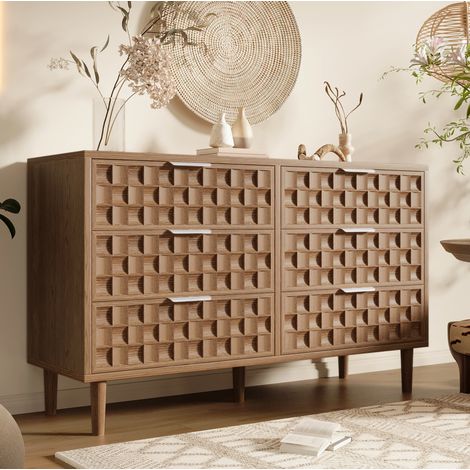 Credenza 120x37x77 cm, cassettiera con 6 cassetti e maniglie in metallo, stile met脿 secolo, finitura rovere (1/5)