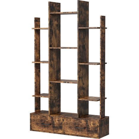 Bibliothèque ouverte avec 2 tiroirs, étagère indépendante industrielle en bois marron rustique, 12 étagères de rangement (1/5)