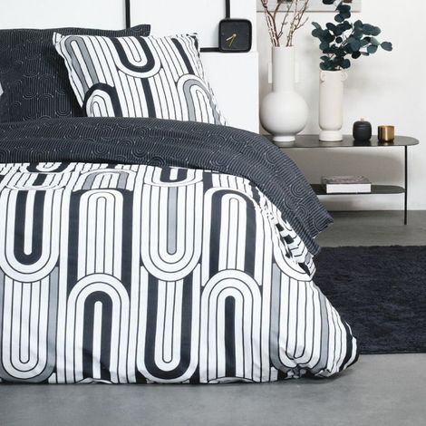 Parure de lit double réversible "Sunshine" en coton imprimé - Gris/Blanc - 240 x 260 cm - Livraison gratuite (1/3)