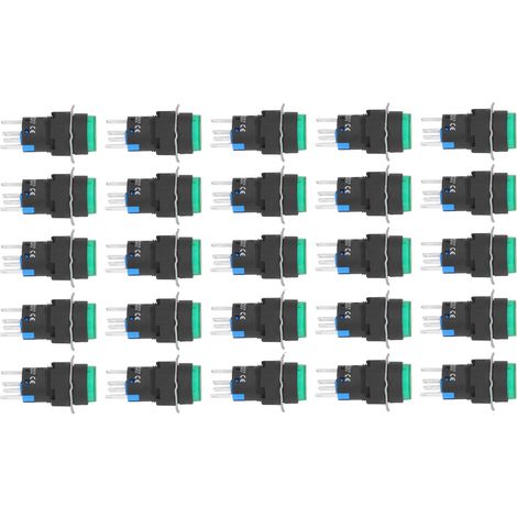25 interrupteurs à bouton-poussoir ronds autobloquants à 5 broches de 16 mm avec voyant lumineux 220 V vert (1/5)