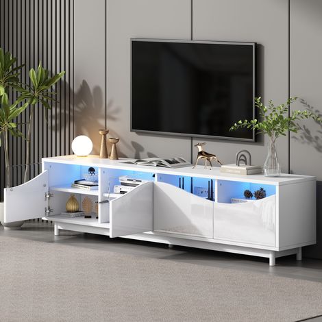 Mobile TV 175x38x51 cm in MDF bianco, con contenitore e LED per soggiorno, design moderno FloraGrace (1/5)