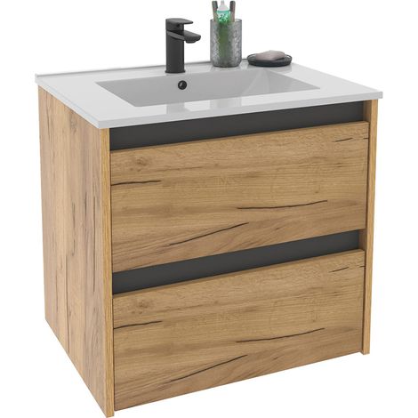 Meuble sous-vasque suspendu à 2 tiroirs (sans lavabo) coloris Chêne - Longueur 60 x Hauteur 59,5 x Profondeur 45,5 cm (1/5)