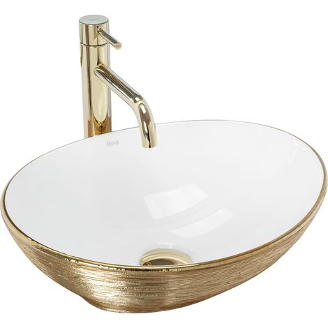 REA – Vasque à poser céramique sanitaire 410x345x150mm – Couleur or/blanc – Montage à poser – Lavabo moderne pour salle de bain