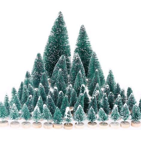 Set di 60 alberelli di Natale con effetto neve, base in legno, decorazione da tavolo, per uso interno ed esterno. (1/5)