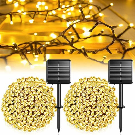 Guirlande Lumineuse Exterieur Solaire, [Lot de 2] 12M 100 LED Guirlande Solaire Exterieur Étanche 8 Modes Lampe Décoratives pour Patio Arbres Clôture Maison Noel Mariage (Blanc Chaud) [Classe énergéti (1/5)