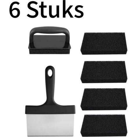 6 pièces, set de nettoyage pour grille de barbecue, sûr pour votre gril, essentiel pour le barbecue, grattoir renforcé en acier inoxydable, poils de brosse en nylon durables, noir (1/5)