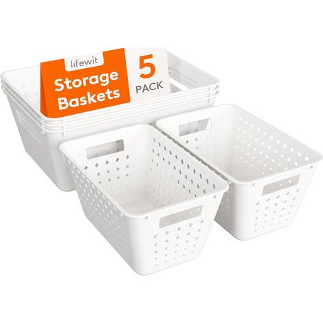 Panier Rangement en Plastique, Panier Basket Empilables Multi-tailles, Storage Basket pour Étagères, Cuisine, Salle de Bain, Armoire, 5 Pièces(3 Grands et 2 Petits), Blanc (1/5)