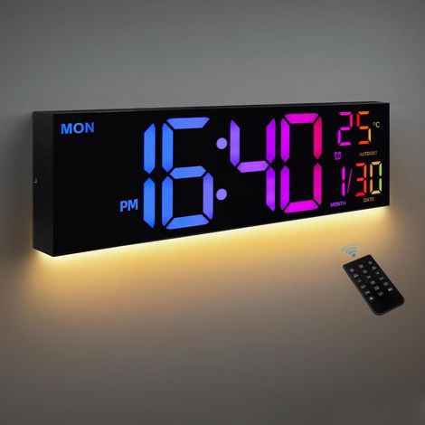 Orologio da parete digitale a 8 colori, grande orologio digitale da 16,2 pollici con temperatura, data, ora legale automatica, luce notturna, dimmer automatico, orologio da parete 24/12