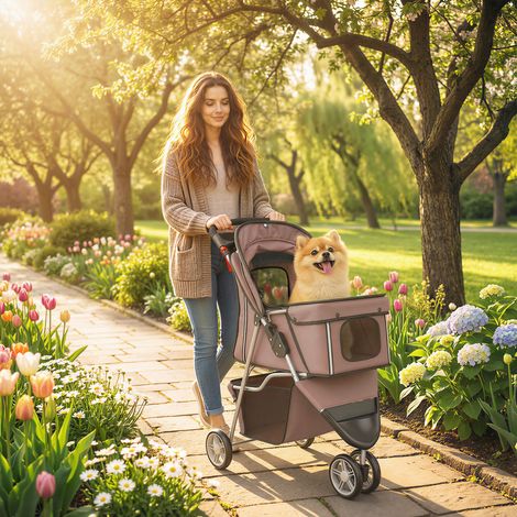 Chariot pour chien 4 roues, poussette pliante avec toit ajustable, coffre de rangement, 77x44x102cm, marron (1/5)