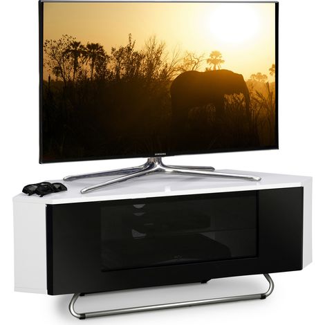 Centurion Supports Hampshire Corner-Friendly Gloss White with Black Contrast Beam-Thru Remote Friendly Door 26"-50" Flat Screen TV Cabinet (1/5)