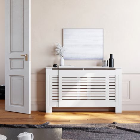 ELEGANT Radiator Cover Horizontal Slat Radiator Shelve White Painted Modern MDF Cabinet for Living Room Bedroom Adjustable