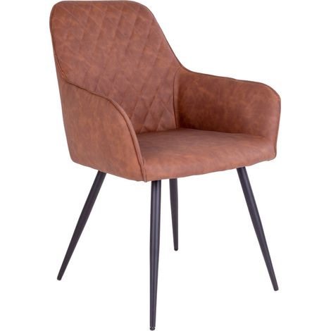 Hasse Esszimmerstuhl in vintage braunen Kunstleder mit schwarz lackierten Metallbeinen.
