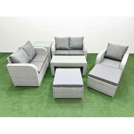 Fimous High Back Poly Rattan Garden Furniture Set with Reclining Chair Loveseat Sofa Oblong Coffee Table Indoor Outdoor Patio Set 2 Big Stool Side Table Light Grey (1/4)