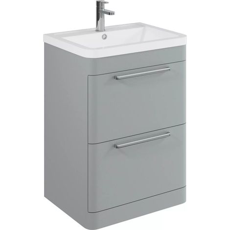 Balterley Contemporary Bathroom Floor Standing Vanity with 2 Soft Close Drawers & 1 Tap Hole Polymarble Basin, Satin Grey, 600mm (1/3)