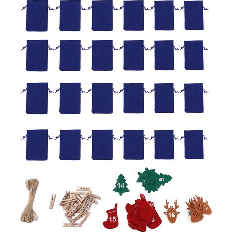24 Sacs de Noël Réutilisables pour Calendrier de l'Avent avec Cordon - Poches de Compte à Rebours pour Bonbons et Bijoux - Bleu Foncé (1/5)