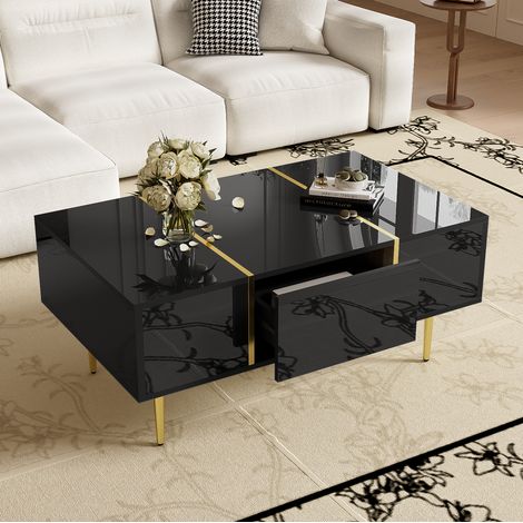 Mesa de centro de MDF negro brillante 100 cm con 2 cajones (1/5)
