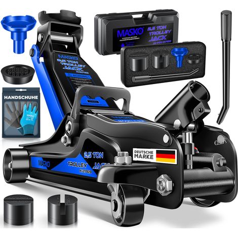 MASKO® Wagenheber hydraulisch, Flache Hubhöhe, 2x Gummiauflage, Handschuhe, KFZ Rangierwagenheber hydraulischer 360° Rollen, Heber Unterstellbock, Blau / 2.5 Tonnen