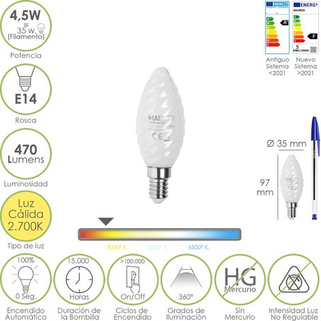 Bombilla Led Filamento Vela Esmerilada E14. 4,5 Watt. Equivale A 35 Watt. 470 Lumenes. Luz Calida 2700º K.