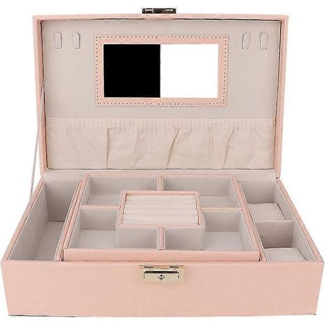 Boîte à bijoux grande capacité en cuir PU avec miroir, pour boucles d'oreilles et colliers, rose (1/5)
