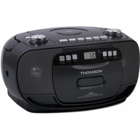 Radio Thomson FM con reproductor y grabador de CD y casete, alimentada por red eléctrica o pilas, color negro, modelo RK200CD