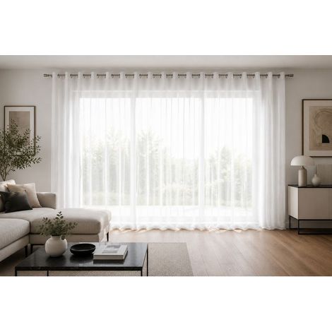 Voilage grande largeur 400 x 240 cm – 100% polyester – Voile sablé blanc – Œillets métalliques pour baie vitrée (1/4)