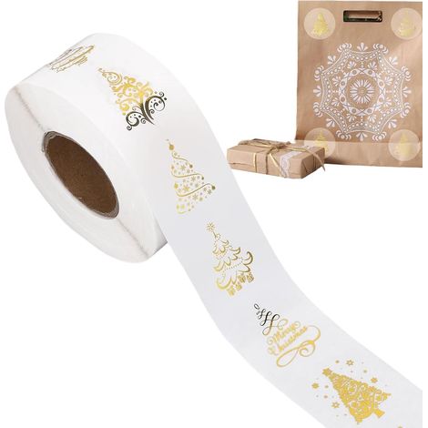 Rouleau d'autocollants transparents adhésifs pour cartes de Noël, motif sapin doré (1/5)