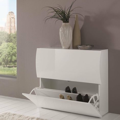 Étagère à chaussures Andrea, Armoire polyvalente avec 2 portes pliantes, Étagère à chaussures d'entrée, 101x27h82 cm, Blanc brillant (1/5)