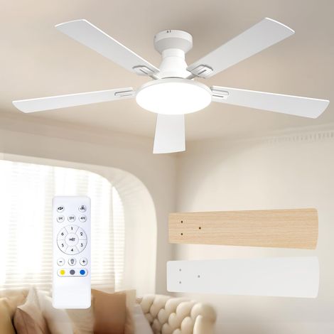 Ceiling fan, 132 cm, with light and remote control, quiet DC motor, 5 blades, 6 speeds, 3 color temperatures, timer, white (1/5)