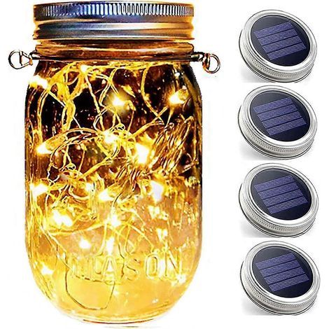 Lampes solaires d'extérieur (lot de 4), guirlande lumineuse de 20 LED dans un bocal en verre, lanterne solaire, lampe de table de balcon, lampe suspendue décorative pour la maison (1/5)