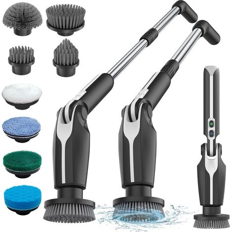 Brosse Électrique Nettoyage, Brosse Nettoyage sans Fil avec 8 Brosses remplaçables, Télécommande, 2 Vitesses de Rotation et Longueur Réglable 38-132CM pour Salle de Bain/Cusine/Voiture (1/5)