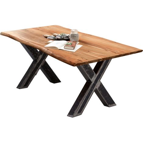 Table de salle à manger 200 x 100 cm avec plateau naturel unique et piétement moderne en fer - PANGIVO (1/5)