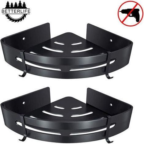 Étagère Angle Salle Bain 2 Parties Noir Sans Perçage (1/4)