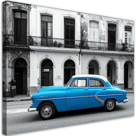 Bilder Blaues Oldtimer-Auto geparkt auf einer Straße in Havanna Kuba 30x20 (1/5)