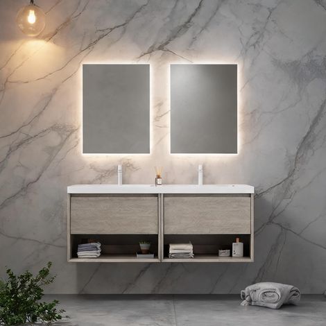 Meuble vasque mural 140 cm 2 vasques blanches en résine chêne (1/5)