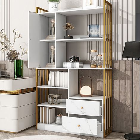 Librería de 6 estantes con puertas y cajones, 100 x 30 x 173,5 cm, blanca y dorada DESVIAE (1/5)