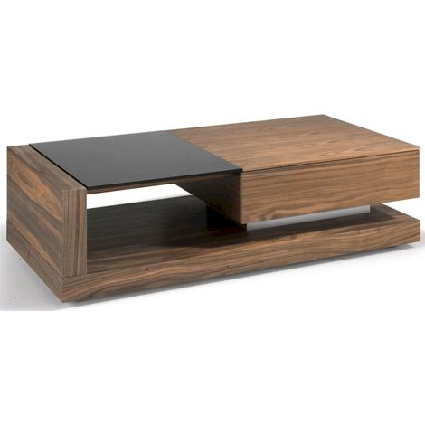 Table basse bois tiroir et espace ouvert pour le rangement insert acier poli pieds bois - Noyer, noir (1/4)