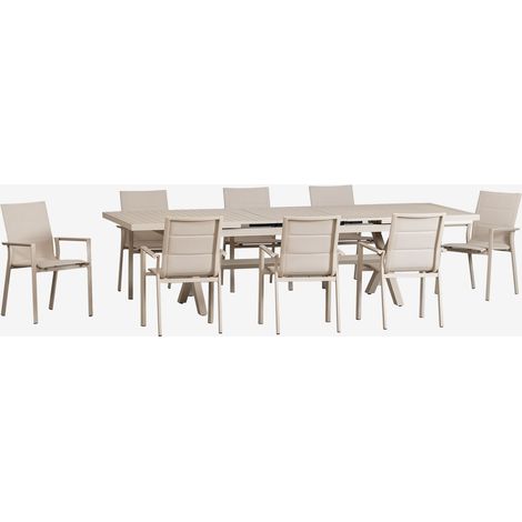 Set de mesa extensible rectangular 240-300x100 cm y 8 sillas de jardín apilables con reposabrazos en aluminio Karena SKLUM (1/5)