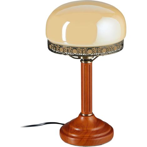 Lampe de Table ou Bureau, Ronde, Design nostalgique, Abat-Jour en Verre et Pied en Bois, Multicolore (1/5)