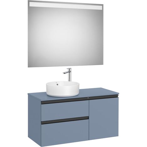 Pack meuble "The gap" 1000 pour vasque à gauche - 2 tiroirs + 1 porte + plan + miroir LED - bleu mat - Roca (1/2)