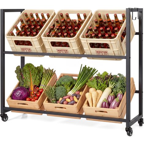Étagère Mobile pour Casiers à Boissons à 2 Niveaux, Inclinaison Réglable, 4 Roulettes Universelles, Crochets de Suspension, Rack pour Boissons (1/5)