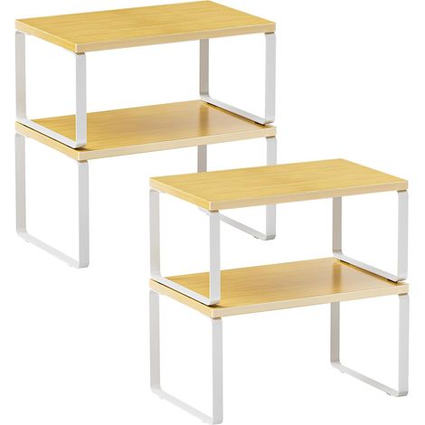 Étagère organisatrice de placard, set de 4 étagères empilables pour épices, bois clair et structure métallique blanche (1/5)