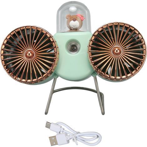 Niedlicher, tragbarer Doppelventilator mit USB-C-Schnellladefunktion, 3 Geschwindigkeitsstufen, Sprühfunktion und Nachtlicht für Büro oder Studentenwohnheim (Grün) (1/5)