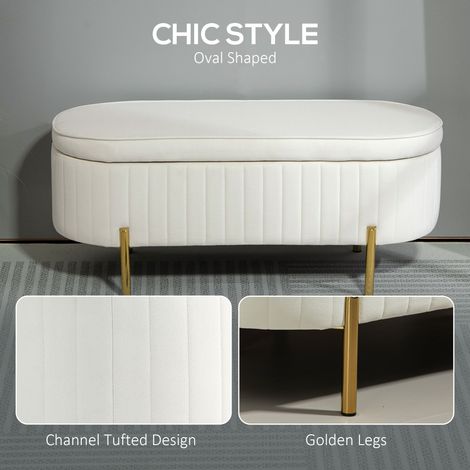 Banc de chambre capitonné blanc crème avec pouf épais et pieds en métal pour un siège d'appoint et un espace de rangement. (1/5)