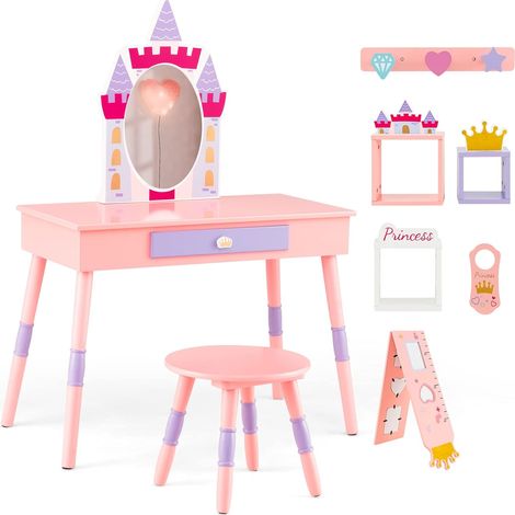 COSTWAY 2 in 1 Set Toletta per Bambini con Sgabello e Specchio Rimovibile, Tavolo da Trucco con Molti Accessori e Cassetto, Specchiera Bambina a Tema Fiabesco, 74 x 39 x 101 cm (Rosa) (1/5)