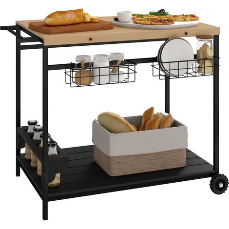 Servierwagen, Küchenwagen, 2 Etagen, 4 Flaschenhalter, In/Outdoor, Natur/Schwarz