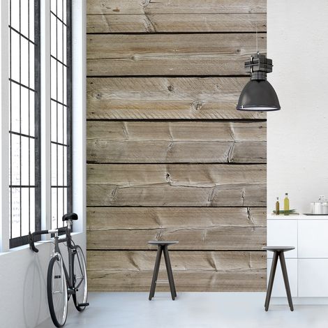 Papier peint intissé panoramique, style cabane au fond du jardin, marron patiné, 250 cm X 150 cm, planche de bois. (1/2)